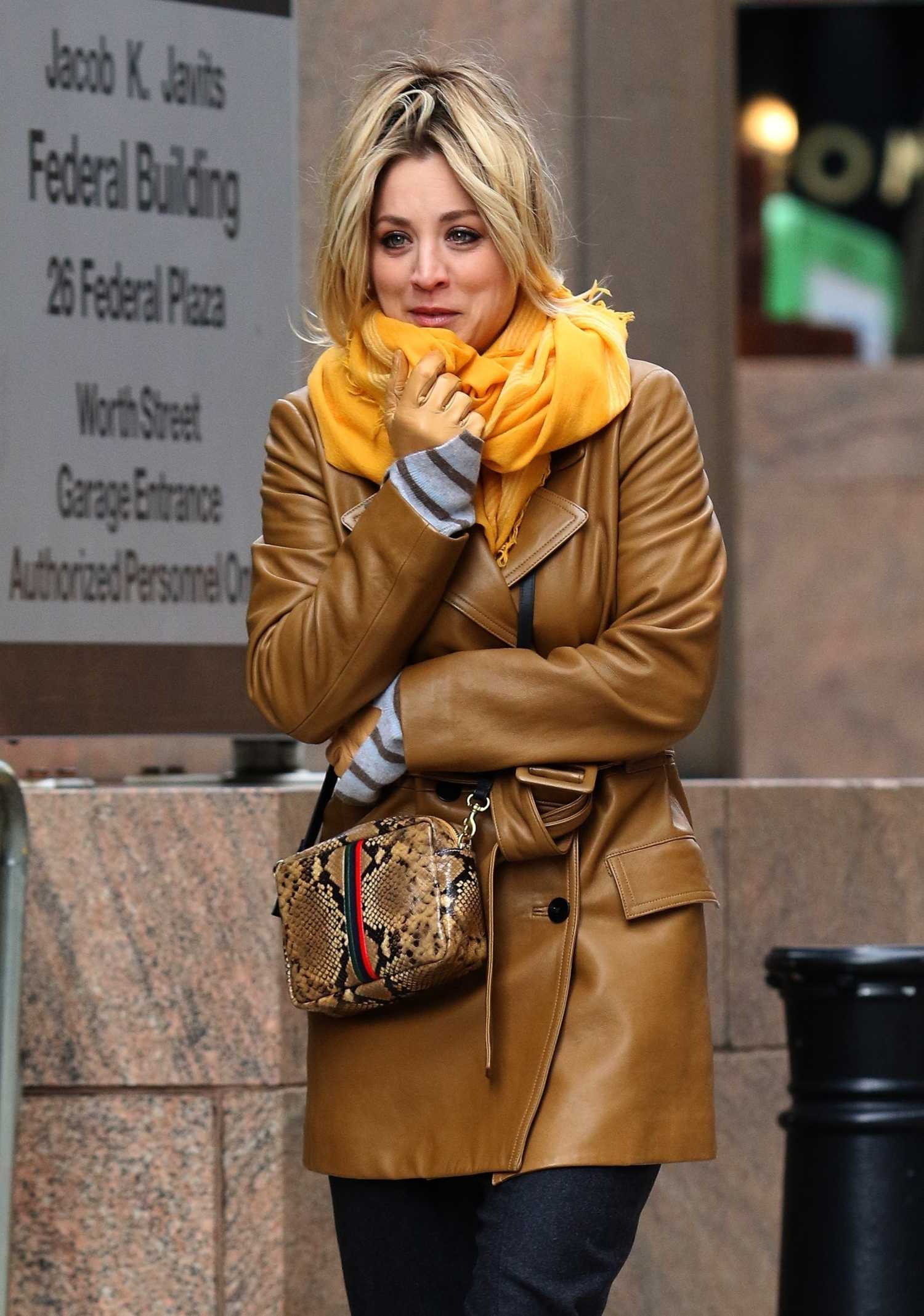 Kaley Cuoco in a Beige Leather Trench Coat on the Set of The Flight
