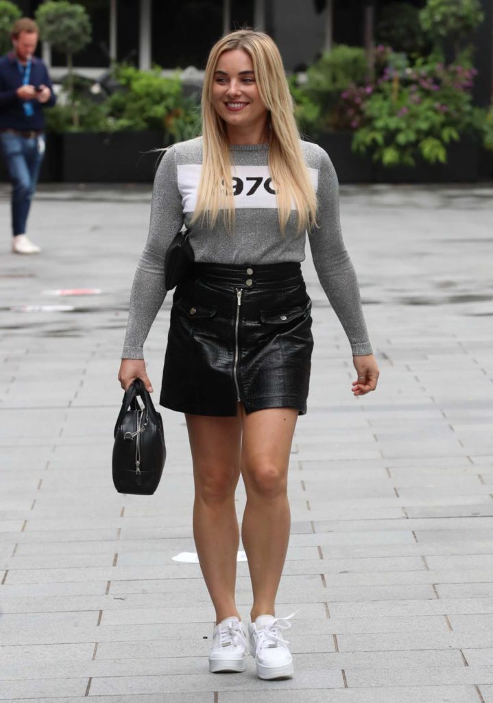 Sian Welby in a Leather Mini Skirt Exits the Capital Breakfast Show in