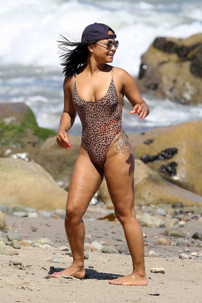 Christina Milian Wearing Leopard Print Swimsuit in Malibu-1