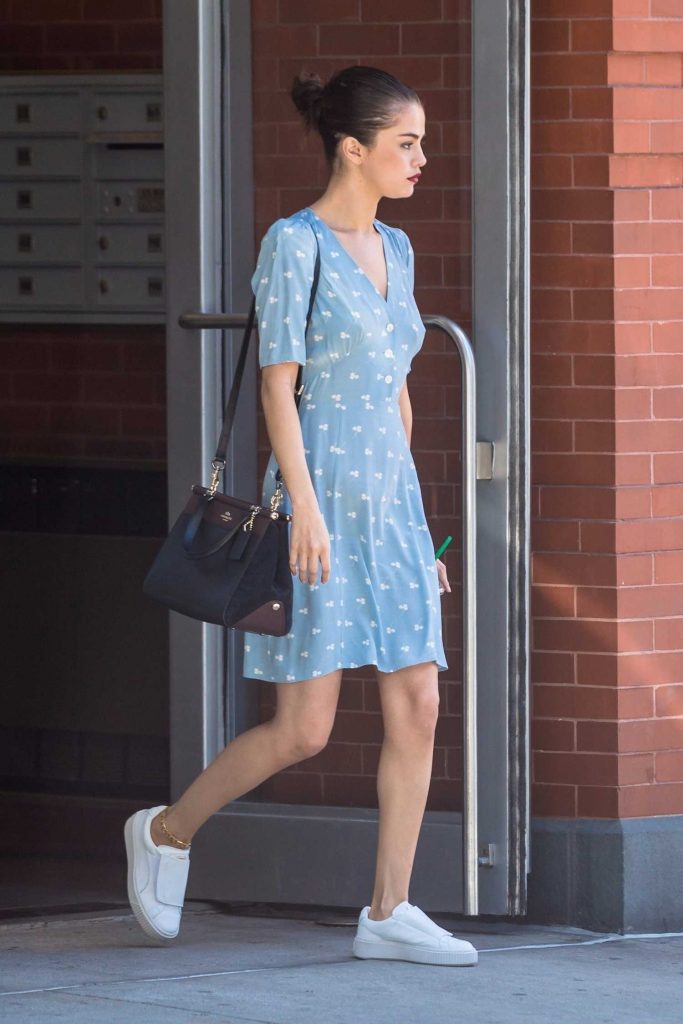 Selena Gomez Wears a Blue Summer Dress Out in NYC-1