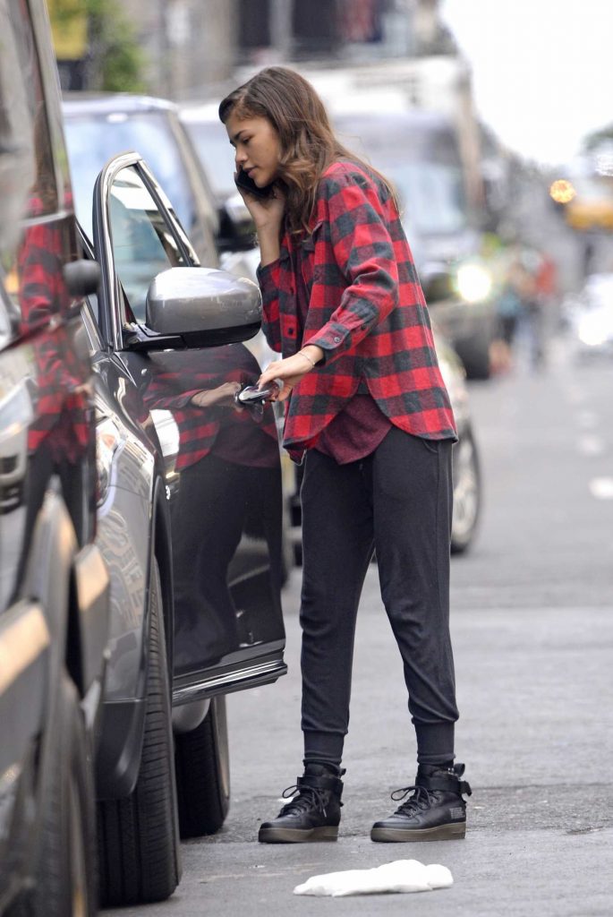 Zendaya Wears a Red Plaid Shirt Out in New York-1