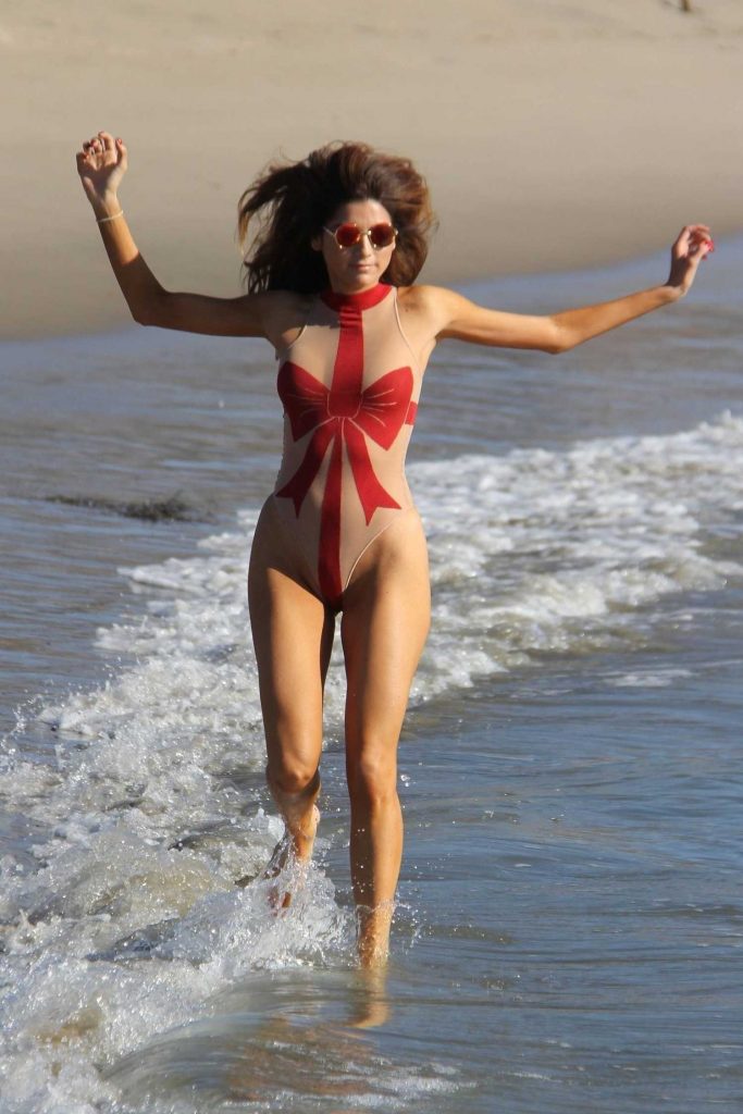 Blanca Blanco Wears a Christmas Bow Sheer Swimsuit at the Beach in Malibu-4