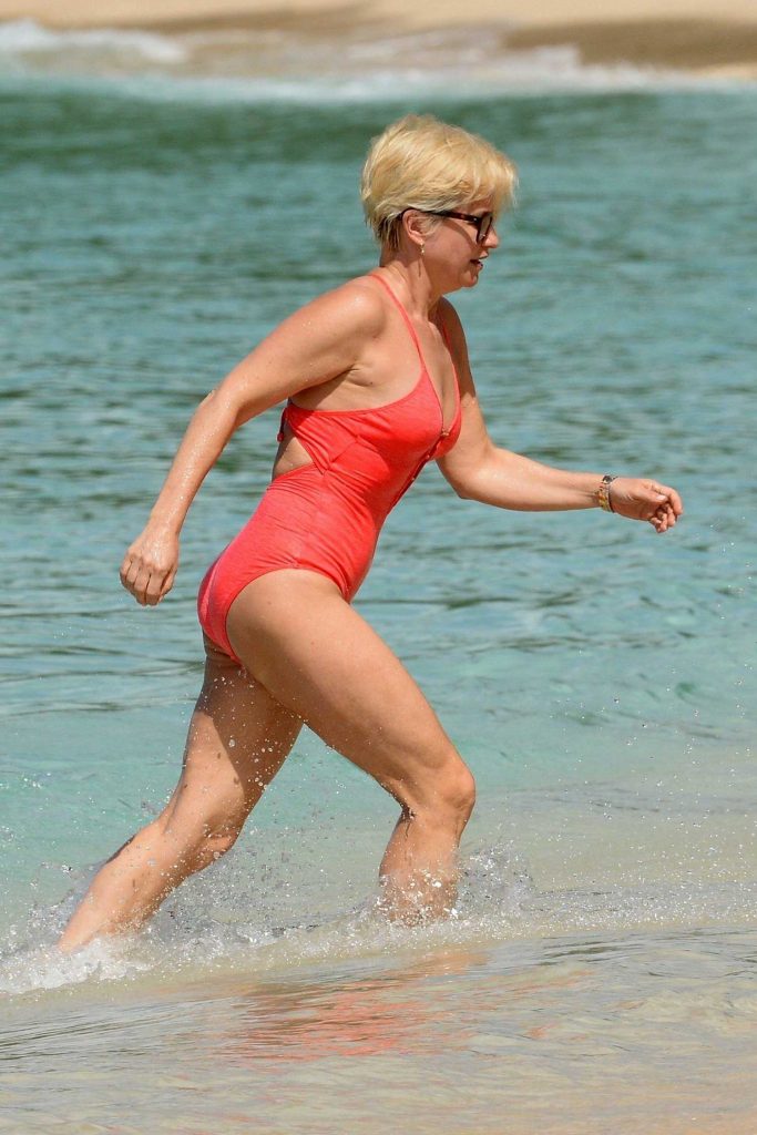 Emma Forbes Wears a Red Swimsuit at the Beach in Barbados-1