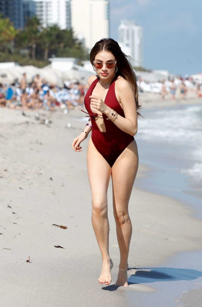 Xenia Tchoumitcheva Wears a Red Swimsuit at the Beach in Miami-2