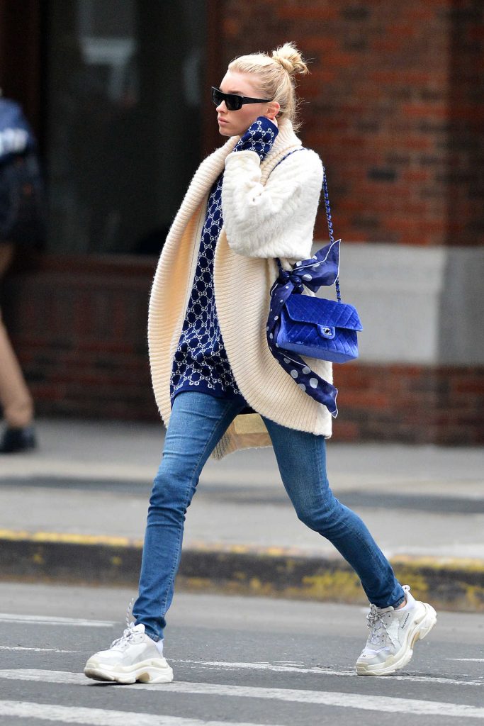 Elsa Hosk Wears a Cream Colored Cardigan Out in NYC-3