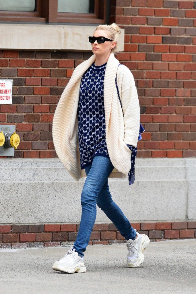 Elsa Hosk Wears a Cream Colored Cardigan Out in NYC-5
