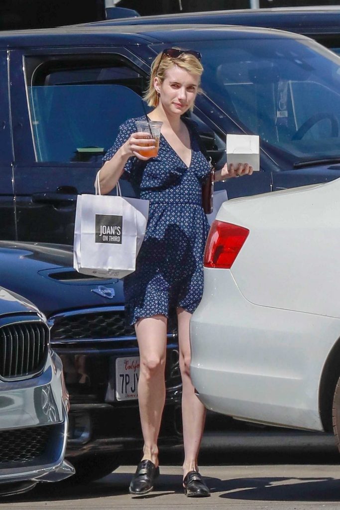 Emma Roberts Wears a Short Blue Dress to Pick up Some Lunch for Home in Los Angeles-1