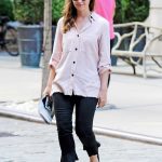Felicity Jones Wears a Pink Shirt Out in New York City