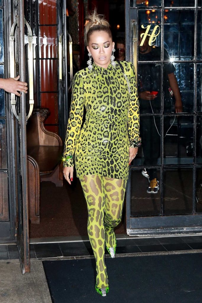 Rita Ora in a Green Snake Print Dress