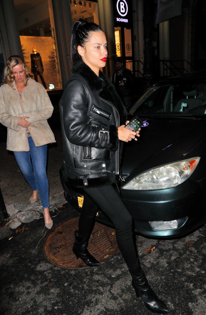 Adriana Lima in a Black Leather Jacket