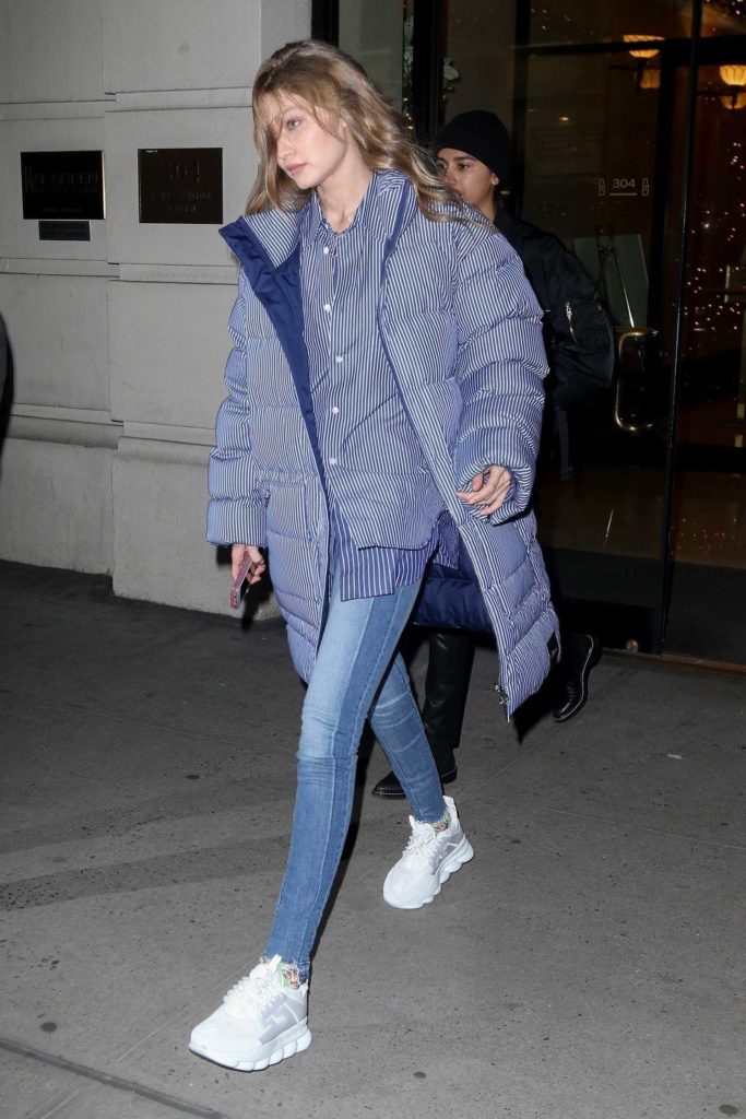 Gigi Hadid in a Gray Striped Puffer Jacket
