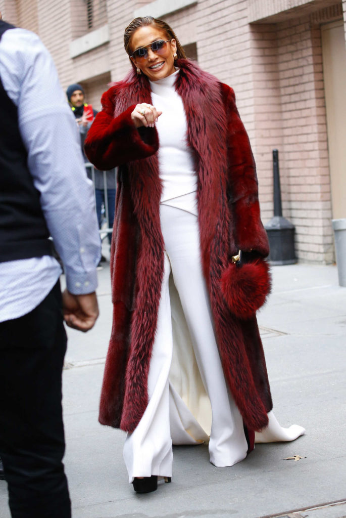 Jennifer Lopez in a Long Red Fur Coat