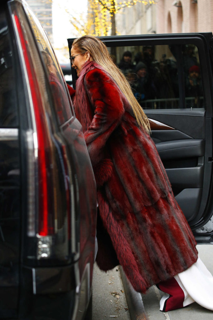 Jennifer Lopez in a Long Red Fur Coat