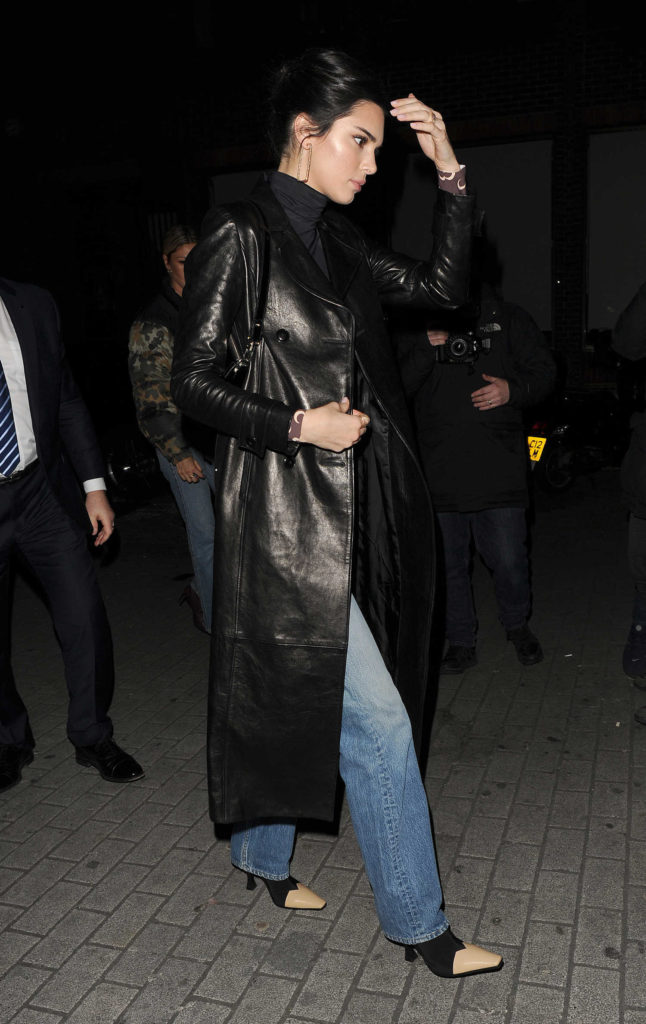 Kendall Jenner in a Black Leather Trench Coat