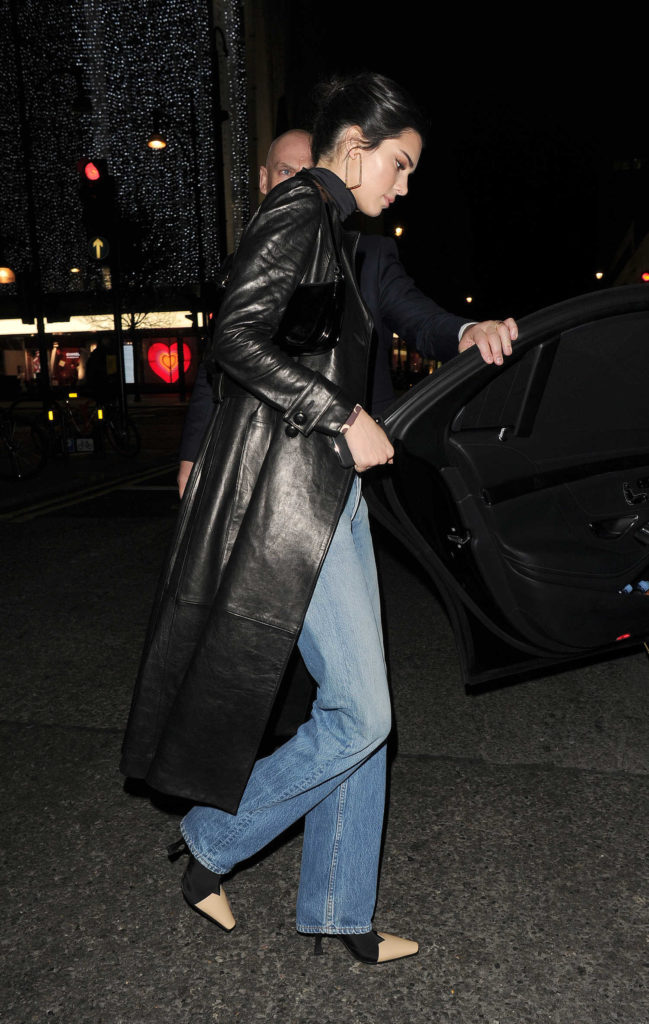Kendall Jenner in a Black Leather Trench Coat