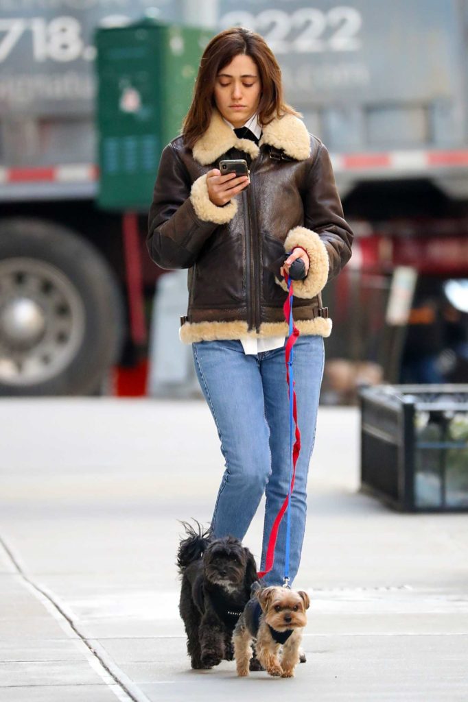 Emmy Rossum in a Brown Sheepskin Jacket