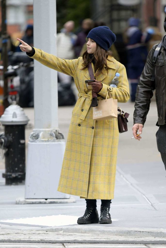 Jenna Coleman in a Plaid Yellow Coat