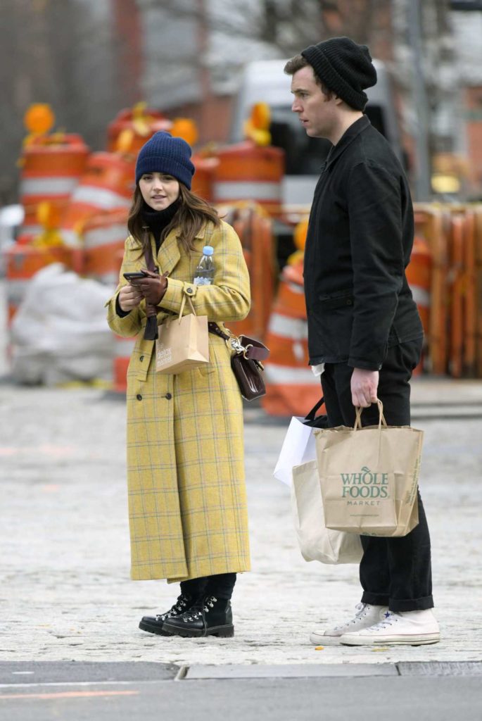 Jenna Coleman in a Plaid Yellow Coat