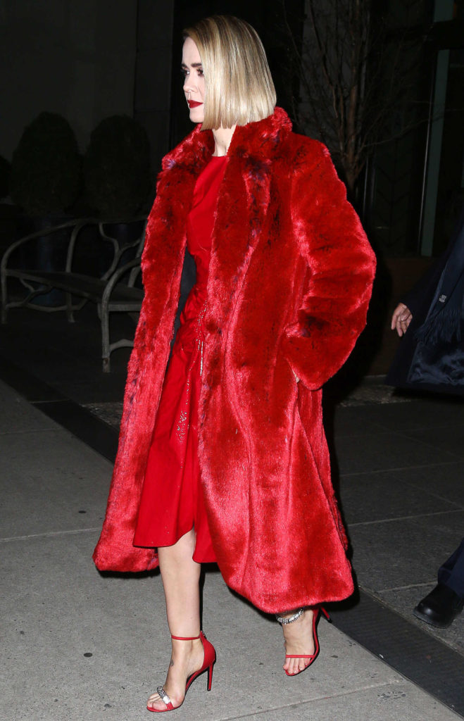 Sarah Paulson in a Red Fur Coat