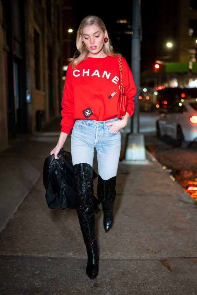 Elsa Hosk in a Red Chanel Sweatshirt