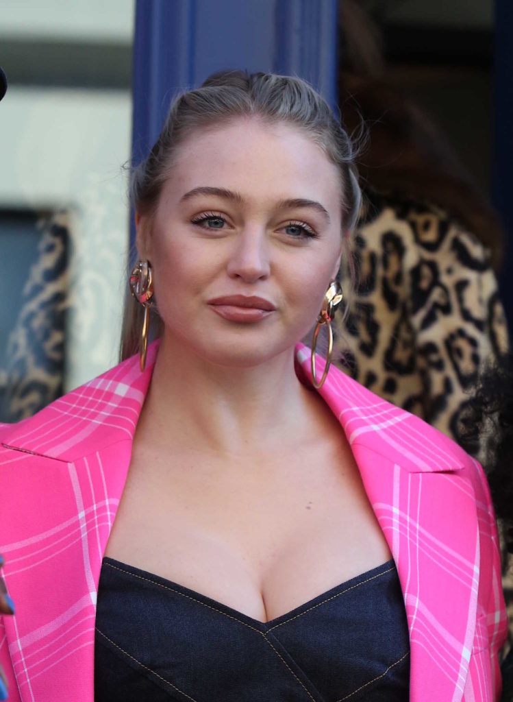 Iskra Lawrence in a Pink Plaid Trench Coat