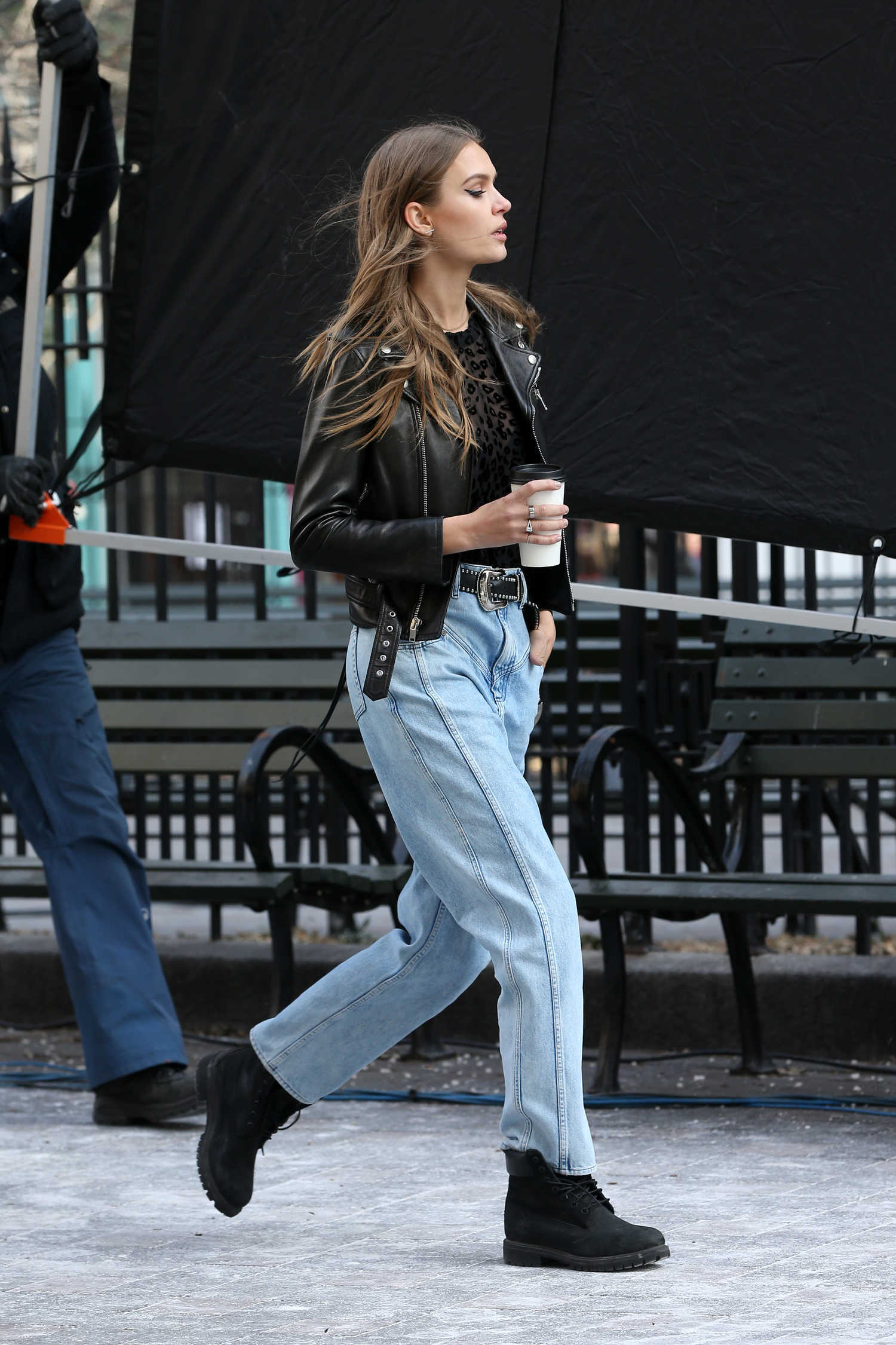 Josephine Skriver in a Black Leather Jacket on the Set of a Maybelline ...