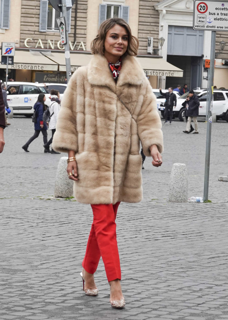 Nathalie Kelley in a Beige Fur Coat