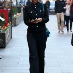 Rochelle Humes in a Black Suit Arrives at Global Radio Studios in London