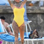 Jemma Lucy in a Yellow Swimsuit on the Beach in Sydney