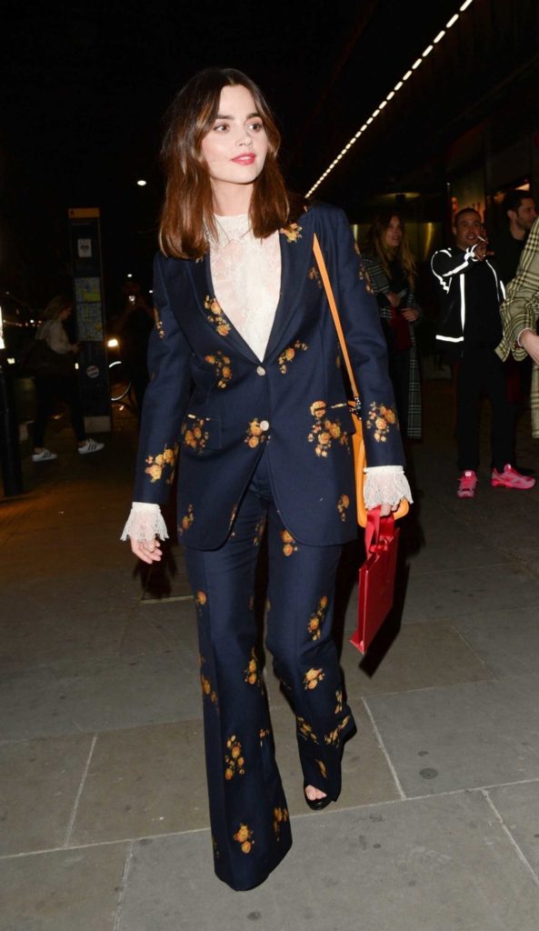 Jenna Coleman in a Dark Blue Floral Suit