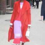 Lupita Nyong’o in a Red Coat Leaves The Late Show with Stephen Colbert in New York City
