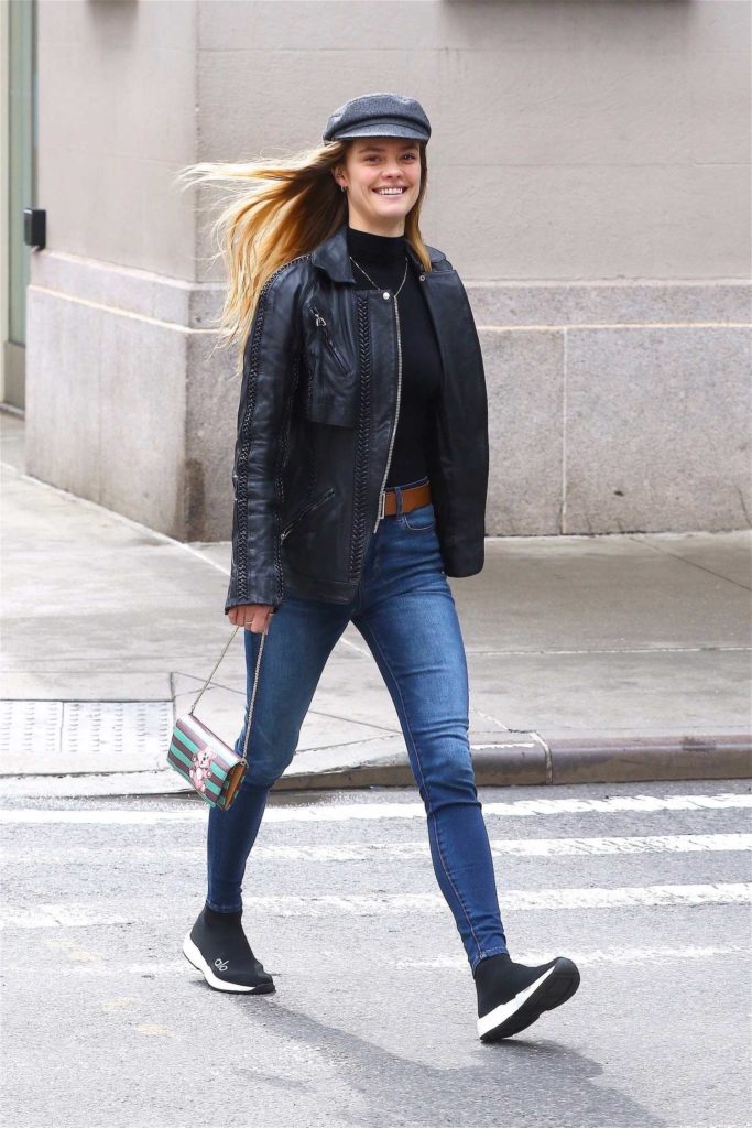 Nina Agdal in a Black Leather Jacket