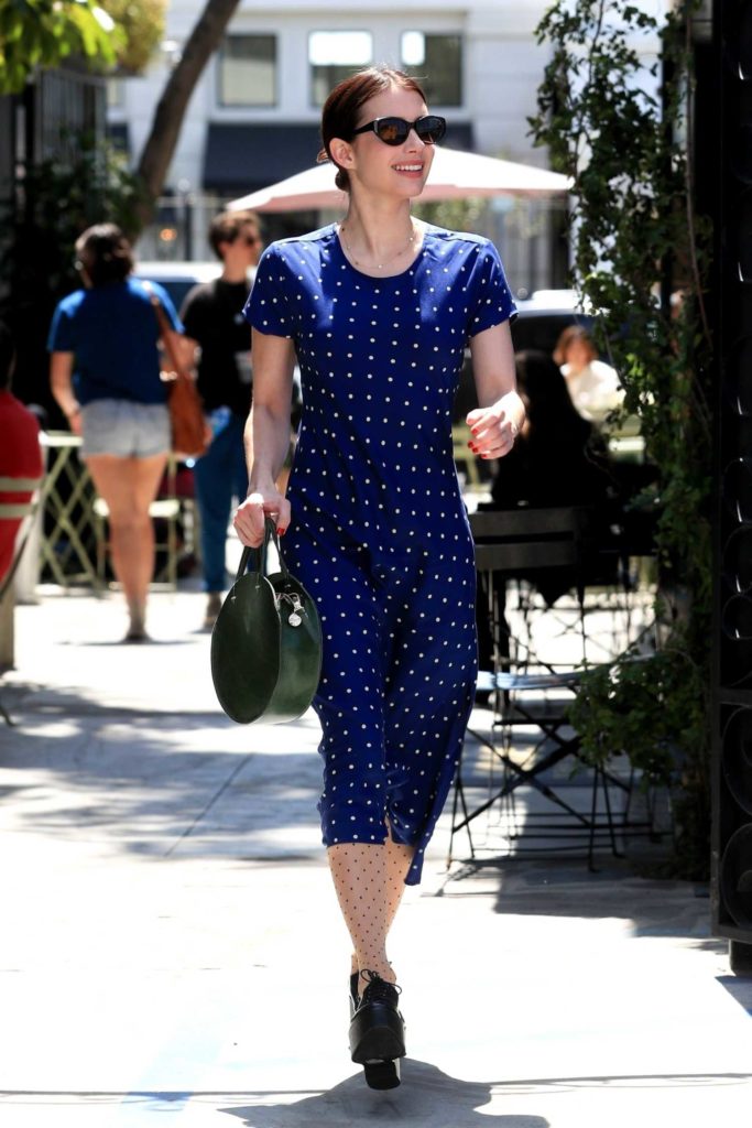 Emma Roberts in a Blue Polka Dot Dress