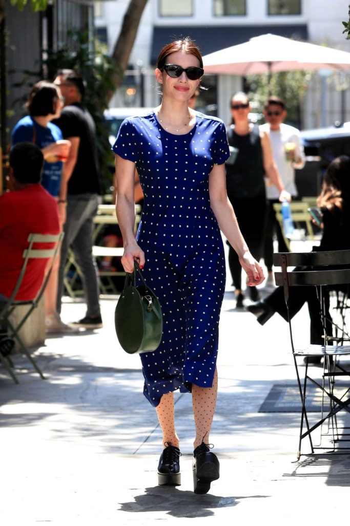 Emma Roberts in a Blue Polka Dot Dress