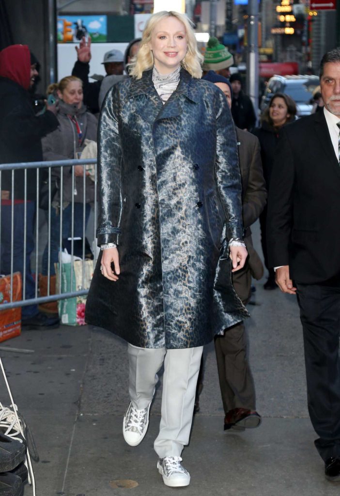 Gwendoline Christie in a Gray Leopard Print Coat