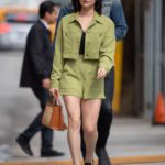 Katie Stevens in a Green Suit Arrives at Jimmy Kimmel Live in Los Angeles