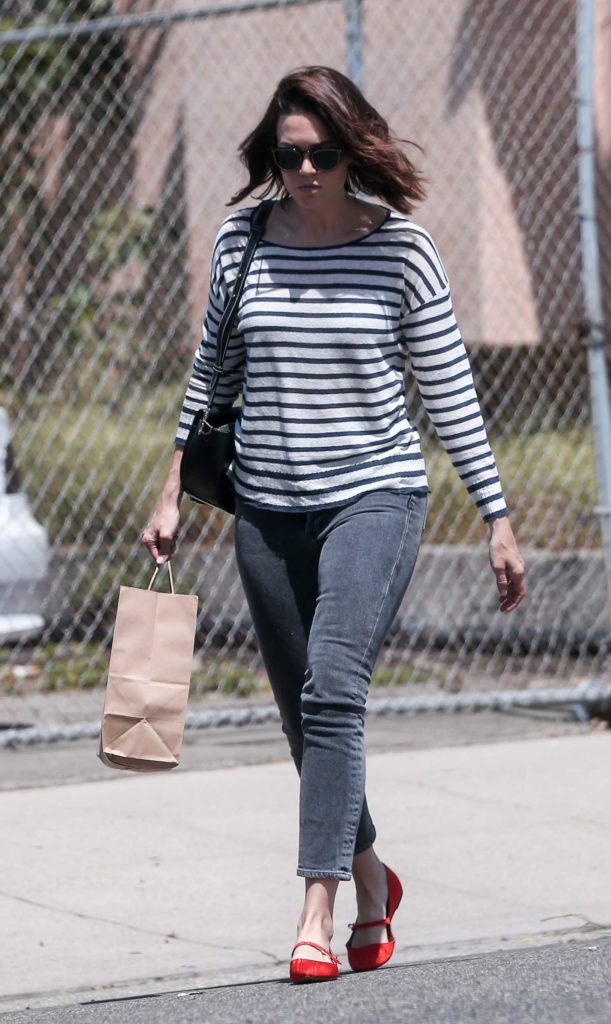 Mandy Moore in a Striped Long Sleeves T-Shirt