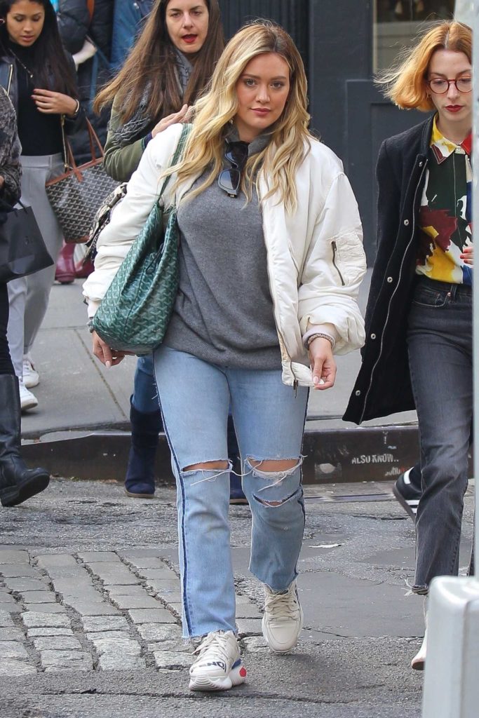 Hilary Duff in a White Bomber Jacket