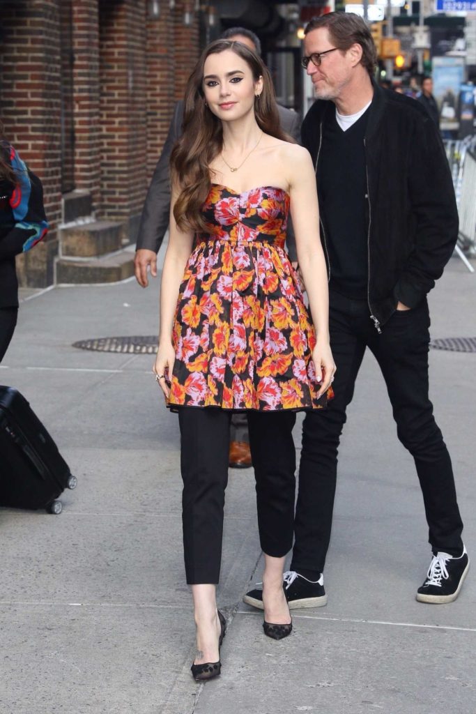 Lily Collins in a Short Floral Dress