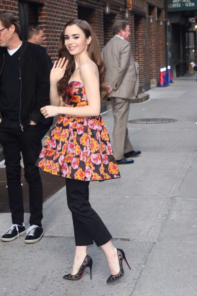 Lily Collins in a Short Floral Dress