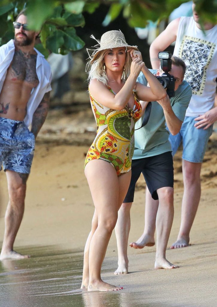Katy Perry in a Yellow Floral Swimsuit