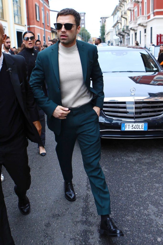 Sebastian Stan in a Green Suit Attends the Boss Fashion