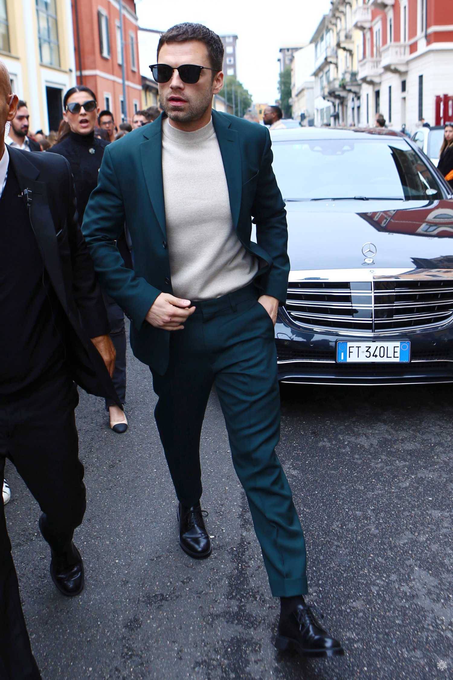 Sebastian Stan in a Green Suit Attends the Boss Fashion Show During