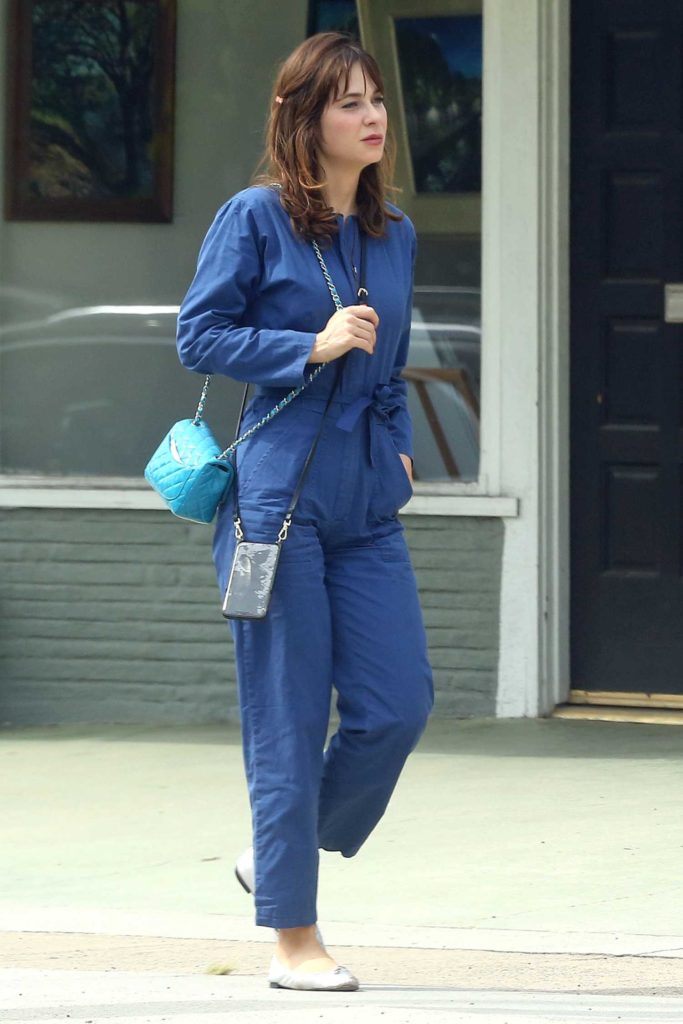 Zooey Deschanel in a Blue Jumpsuit