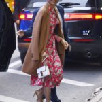 Gugu Mbatha-Raw in a Red Floral Dress Arrives at Good Morning America in New York City