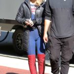 Melissa Benoist in a Black Puffer Jacket on the Set of Supergirl in Vancouver