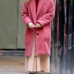 Kaley Cuoco in a Pink Coat on the Set of The Flight Attendant in NYC