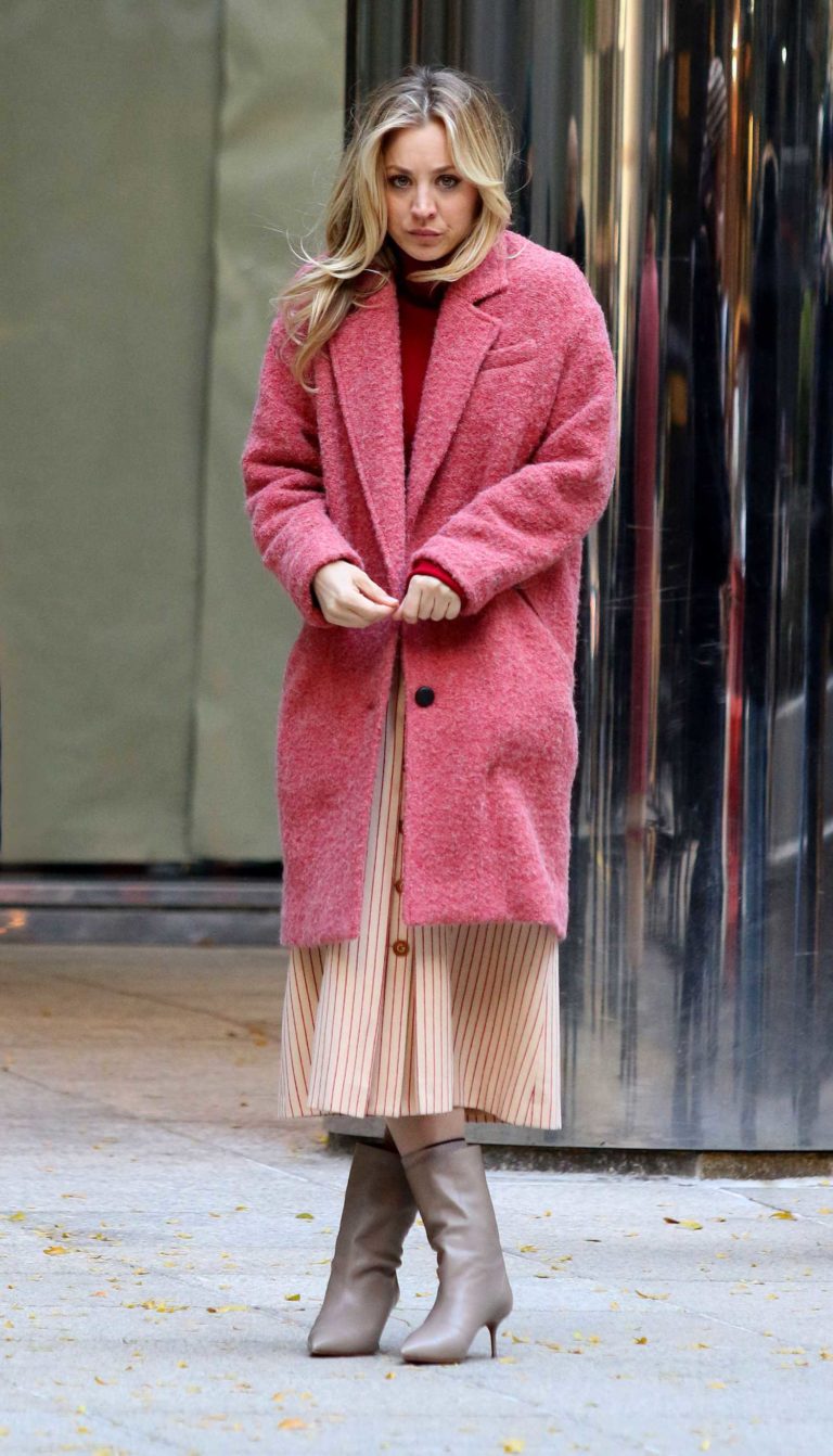 Kaley Cuoco in a Pink Coat on the Set of The Flight Attendant in NYC