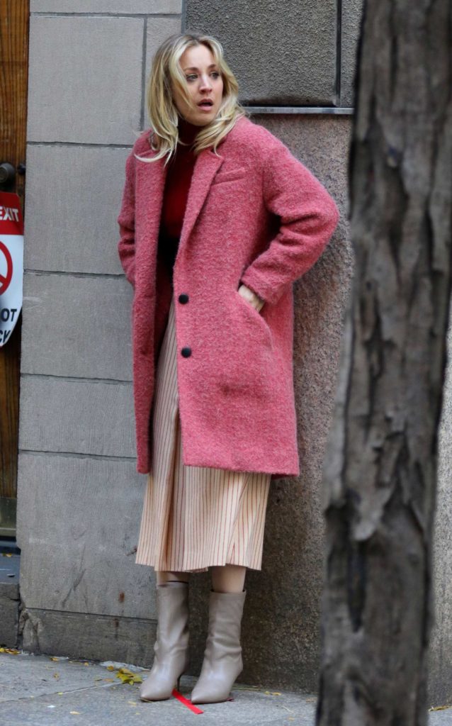 Kaley Cuoco in a Pink Coat