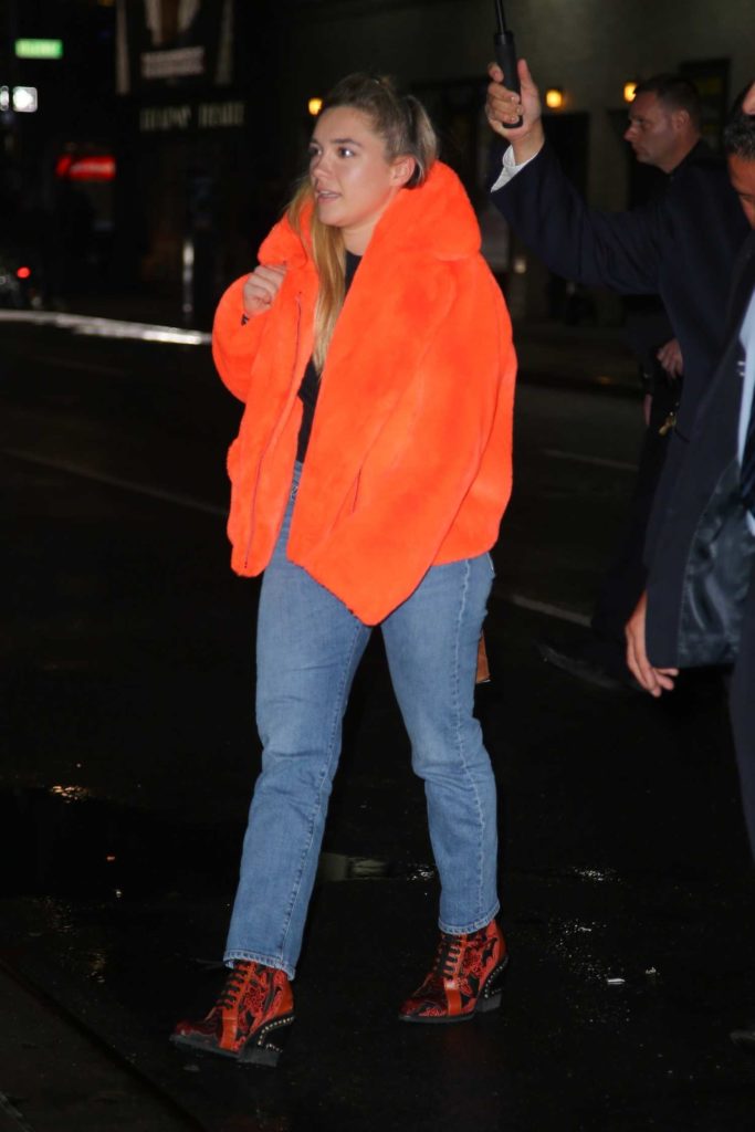 Florence Pugh in an Orange Fur Coat